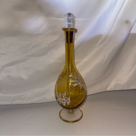 Other - Vtg 14” Decanter Liquor Bottle Gold Gilt Hand Painted Flowers Made In Italy 18 K